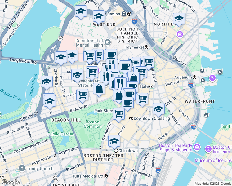 map of restaurants, bars, coffee shops, grocery stores, and more near 142-144 Bowdoin Street in Boston