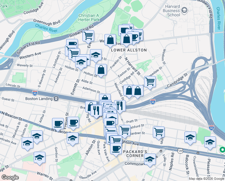 map of restaurants, bars, coffee shops, grocery stores, and more near 38 Mansfield Street in Boston
