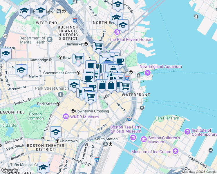 map of restaurants, bars, coffee shops, grocery stores, and more near 75 State Street in Boston