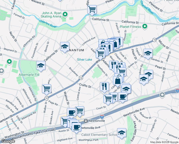 map of restaurants, bars, coffee shops, grocery stores, and more near 338 Nevada Street in Newton