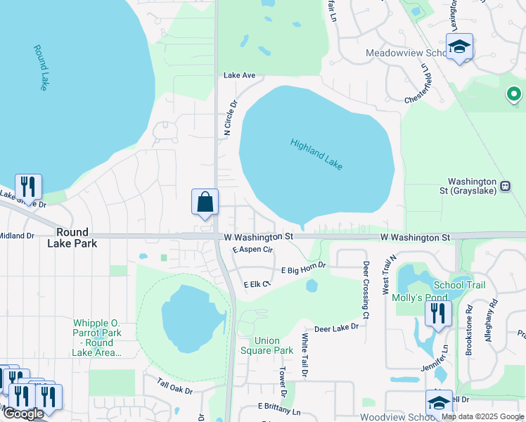 map of restaurants, bars, coffee shops, grocery stores, and more near 34069 South Circle Drive in Grayslake