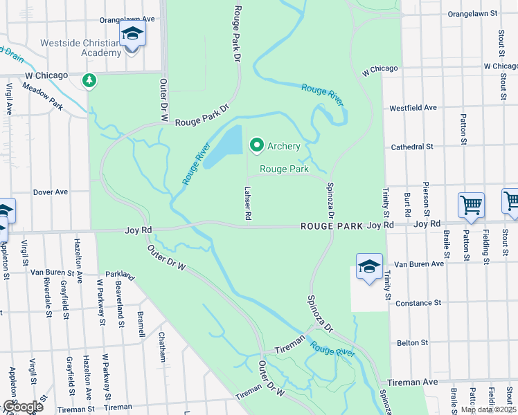 map of restaurants, bars, coffee shops, grocery stores, and more near 21800 Joy Road in Detroit