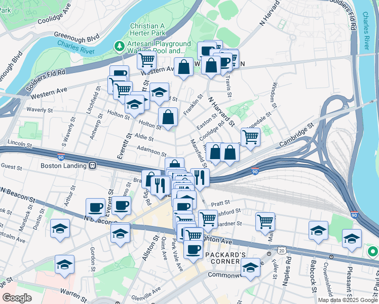 map of restaurants, bars, coffee shops, grocery stores, and more near 38 Mansfield Street in Boston