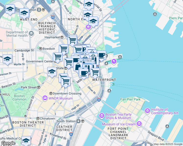 map of restaurants, bars, coffee shops, grocery stores, and more near 40 Broad Street in Boston