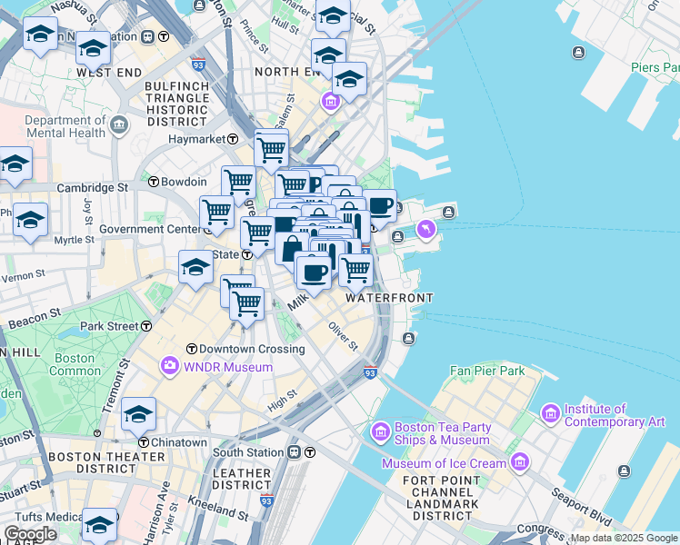 map of restaurants, bars, coffee shops, grocery stores, and more near 40 Broad Street in Boston