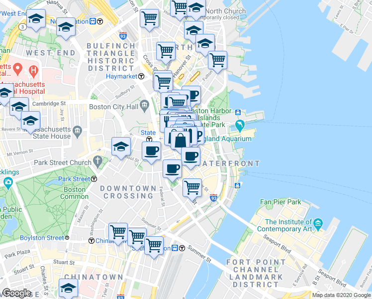 map of restaurants, bars, coffee shops, grocery stores, and more near 75 State Street in Boston