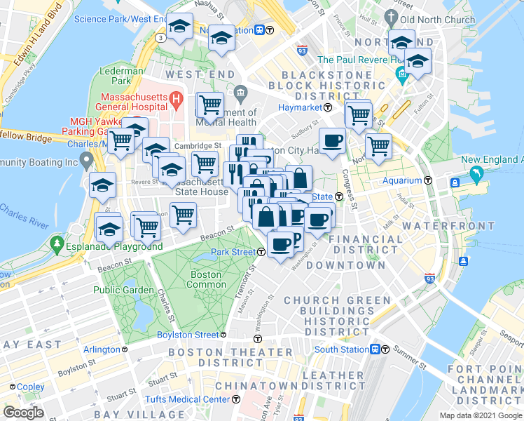 map of restaurants, bars, coffee shops, grocery stores, and more near 142-144 Bowdoin Street in Boston