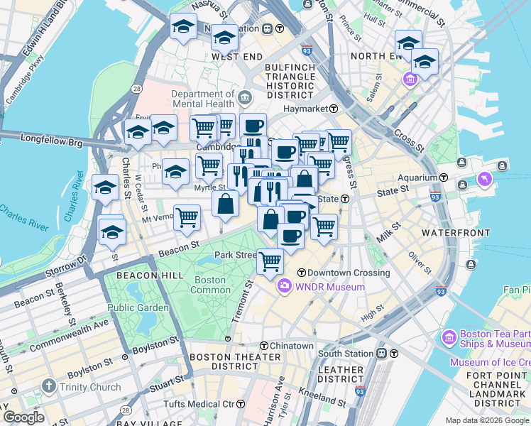 map of restaurants, bars, coffee shops, grocery stores, and more near 142-144 Bowdoin Street in Boston