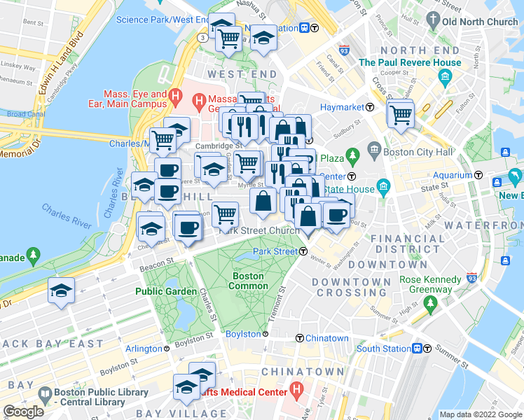 map of restaurants, bars, coffee shops, grocery stores, and more near 49 Mount Vernon Street in Boston