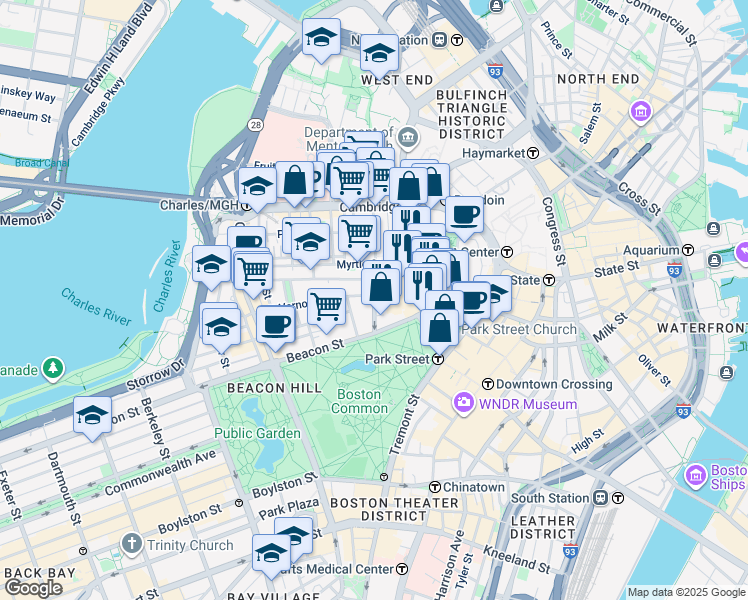 map of restaurants, bars, coffee shops, grocery stores, and more near 49 Mount Vernon Street in Boston