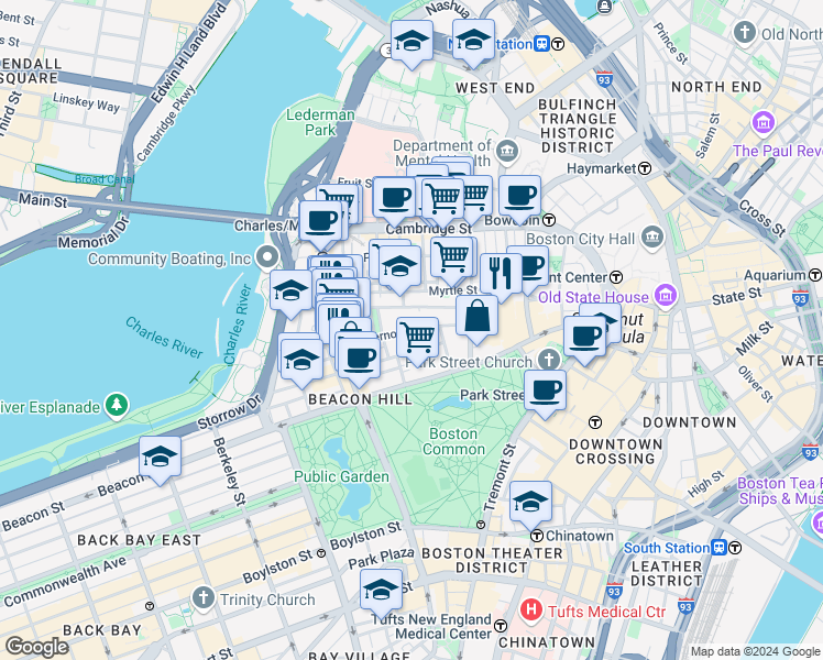 map of restaurants, bars, coffee shops, grocery stores, and more near in Boston
