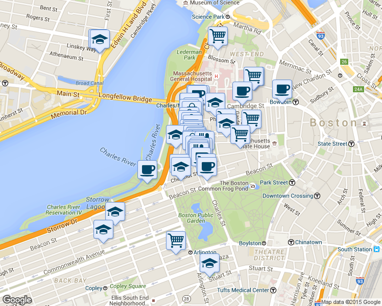 map of restaurants, bars, coffee shops, grocery stores, and more near 94 Pinckney Street in Boston