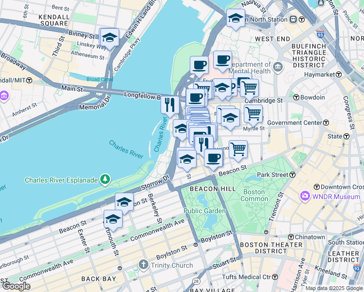 map of restaurants, bars, coffee shops, grocery stores, and more near 94 Pinckney Street in Boston