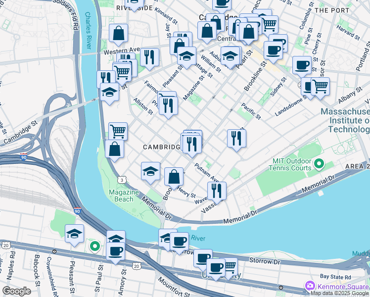map of restaurants, bars, coffee shops, grocery stores, and more near in Cambridge