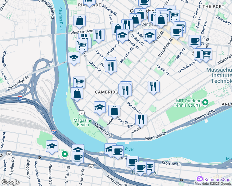 map of restaurants, bars, coffee shops, grocery stores, and more near in Cambridge
