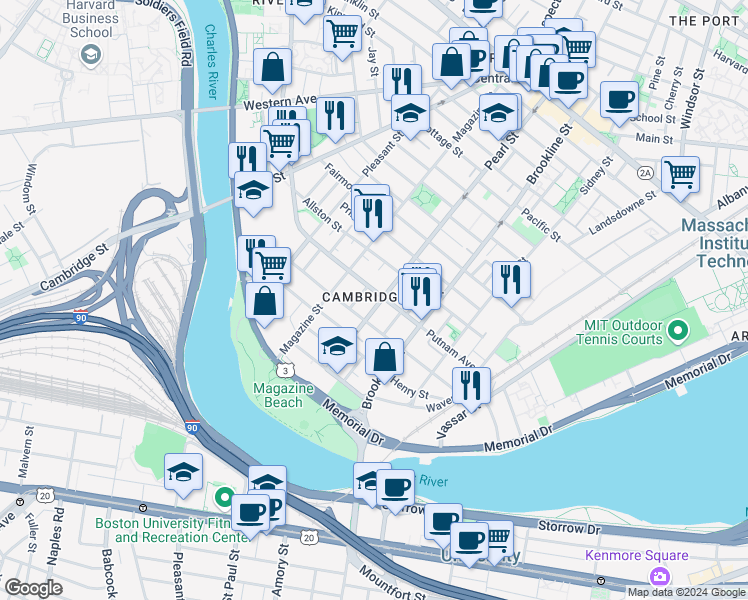 map of restaurants, bars, coffee shops, grocery stores, and more near 1 Newton Street in Cambridge