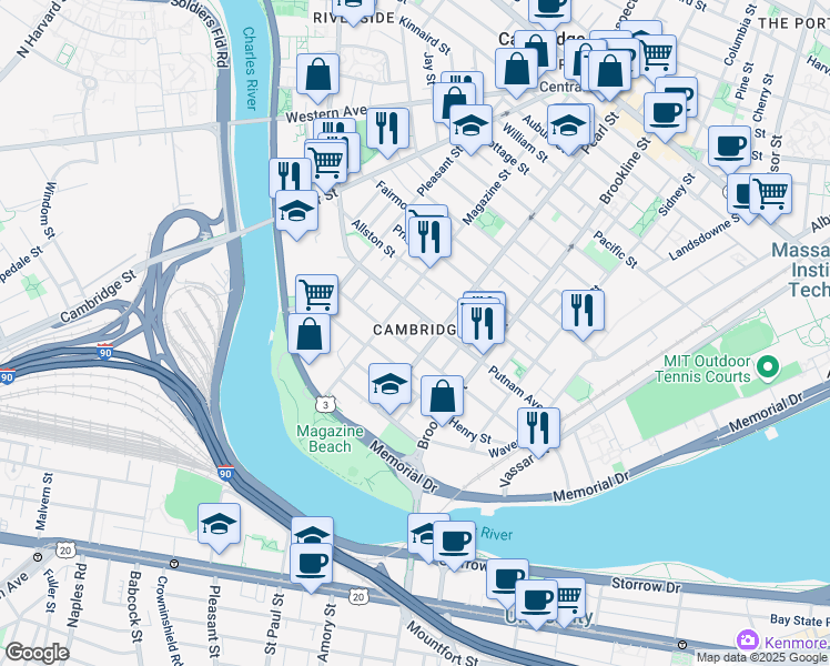 map of restaurants, bars, coffee shops, grocery stores, and more near 1 Newton Street in Cambridge