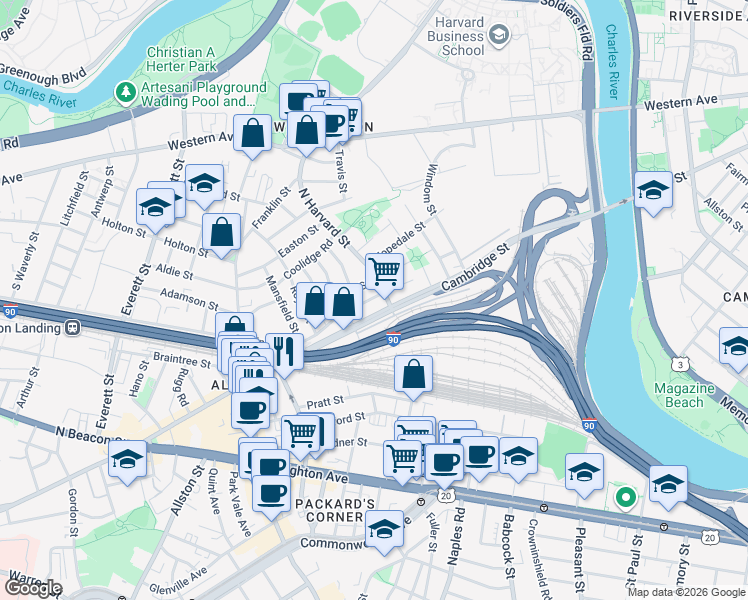 map of restaurants, bars, coffee shops, grocery stores, and more near 76 Empire Street in Boston