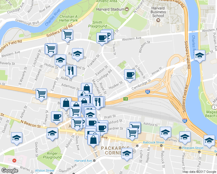 map of restaurants, bars, coffee shops, grocery stores, and more near 10 Holman Street in Boston