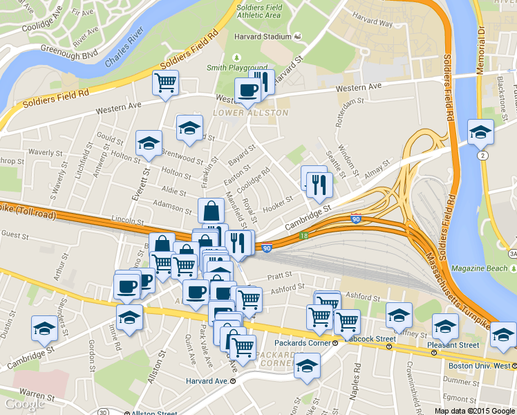 map of restaurants, bars, coffee shops, grocery stores, and more near 10 Holman Street in Boston