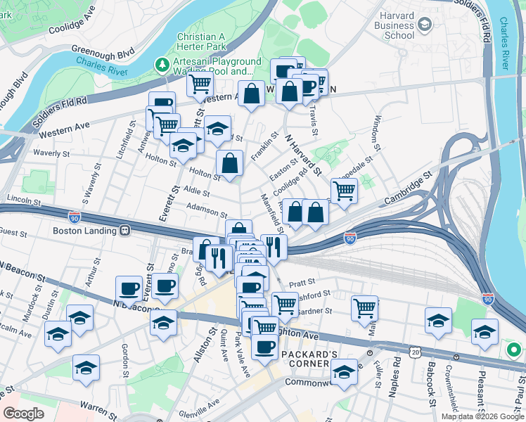 map of restaurants, bars, coffee shops, grocery stores, and more near 38 Mansfield Street in Boston