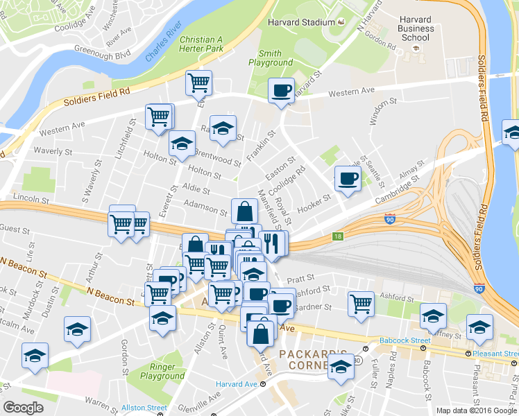 map of restaurants, bars, coffee shops, grocery stores, and more near 38 Mansfield Street in Boston