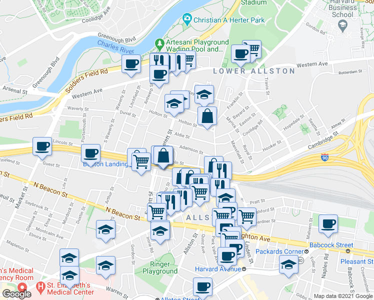 map of restaurants, bars, coffee shops, grocery stores, and more near 16 Adamson Street in Boston