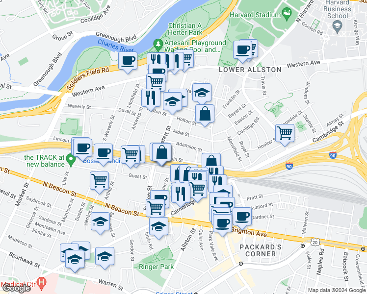 map of restaurants, bars, coffee shops, grocery stores, and more near 16 Adamson Street in Boston