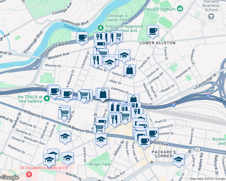 map of restaurants, bars, coffee shops, grocery stores, and more near 16 Adamson Street in Boston
