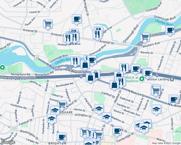 map of restaurants, bars, coffee shops, grocery stores, and more near 1660-1670 Soldiers Field Road in Boston
