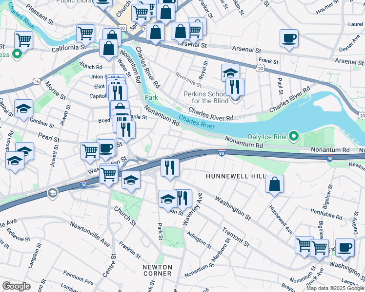 map of restaurants, bars, coffee shops, grocery stores, and more near 76 Charlesbank Road in Newton