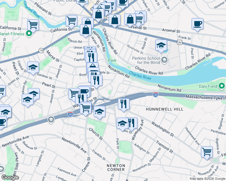 map of restaurants, bars, coffee shops, grocery stores, and more near 8 Nonantum Place in Newton