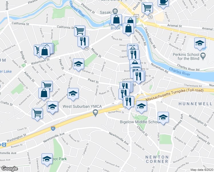 map of restaurants, bars, coffee shops, grocery stores, and more near 105 Pearl Street in Newton