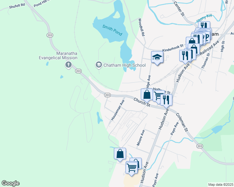 map of restaurants, bars, coffee shops, grocery stores, and more near School Rd in Chatham