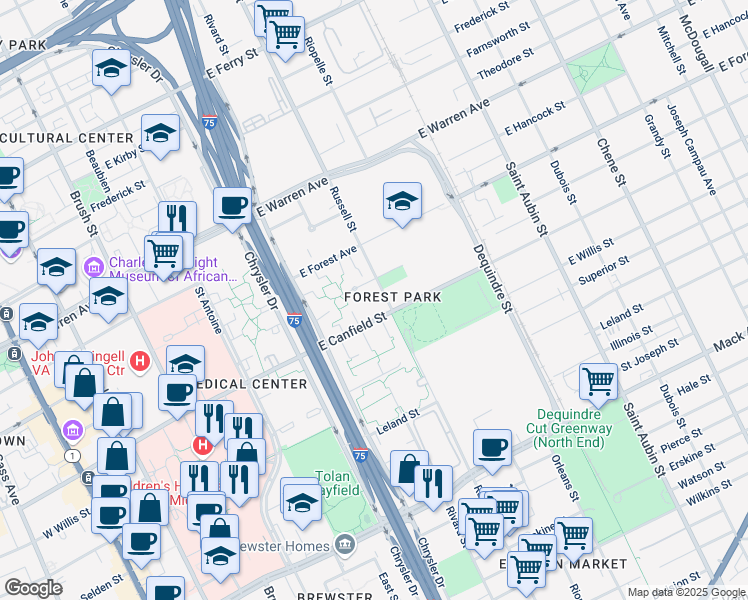 map of restaurants, bars, coffee shops, grocery stores, and more near in Detroit