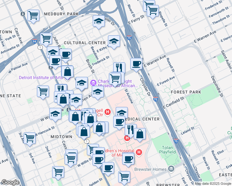 map of restaurants, bars, coffee shops, grocery stores, and more near 500 East Warren Avenue in Detroit