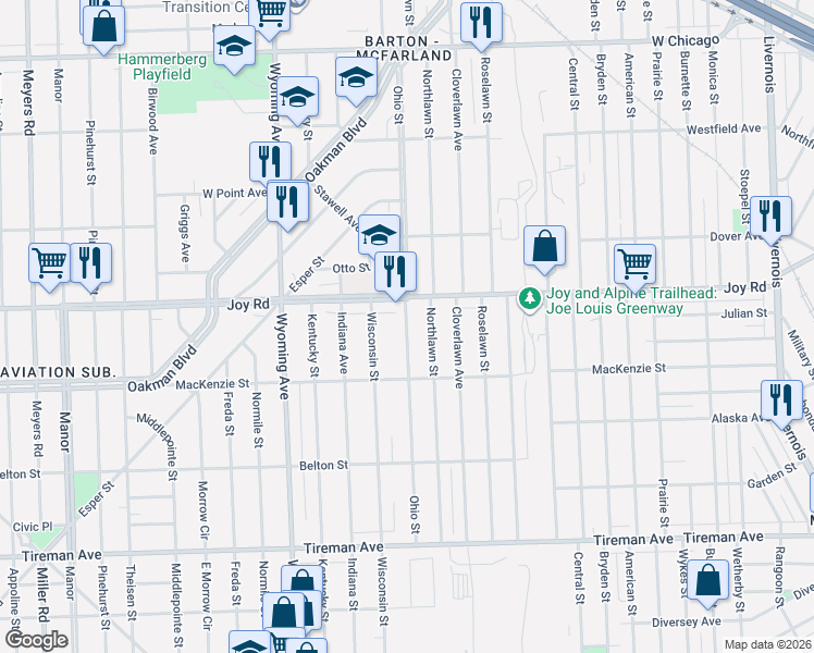 map of restaurants, bars, coffee shops, grocery stores, and more near in Detroit