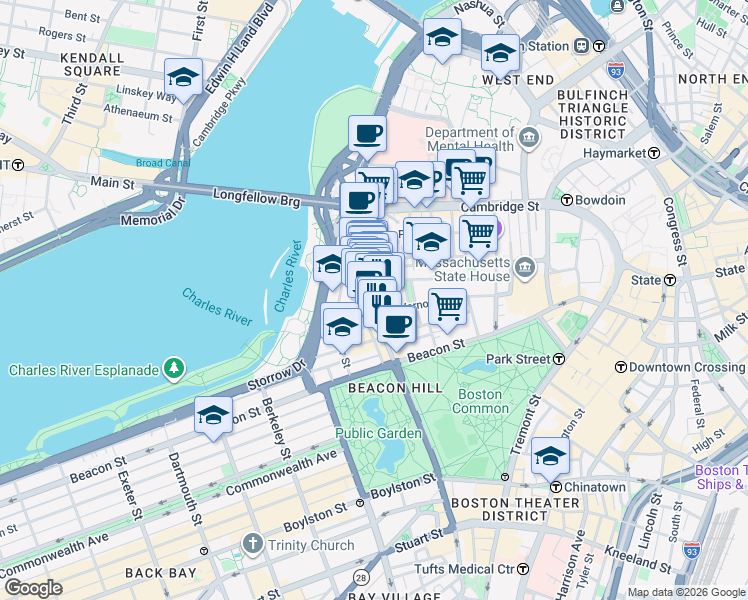 map of restaurants, bars, coffee shops, grocery stores, and more near 71 Charles Street in Boston