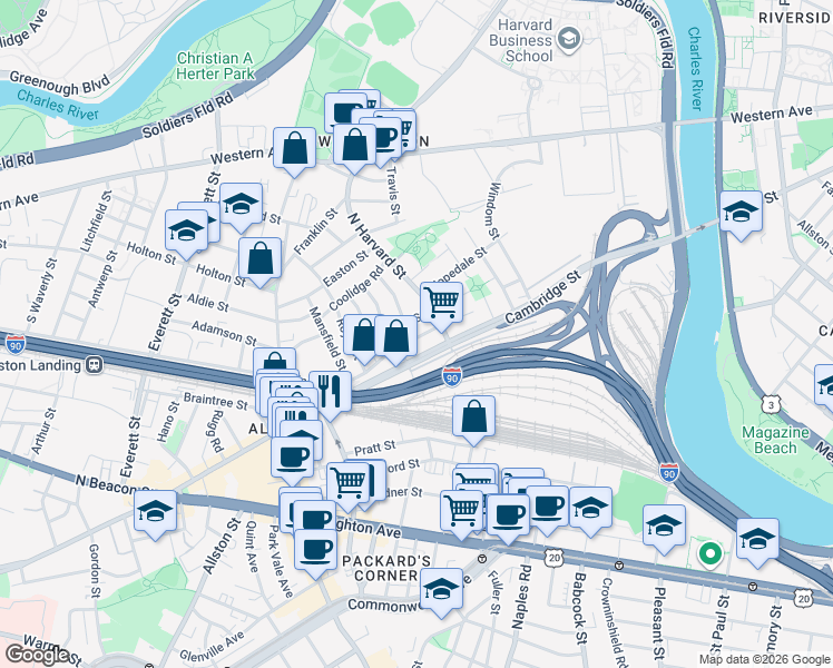 map of restaurants, bars, coffee shops, grocery stores, and more near 76 Empire Street in Boston