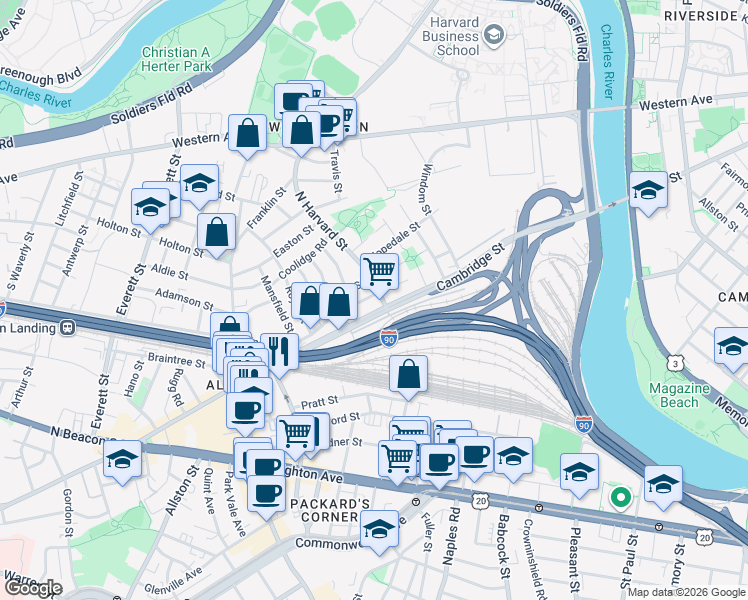 map of restaurants, bars, coffee shops, grocery stores, and more near 76 Empire Street in Boston