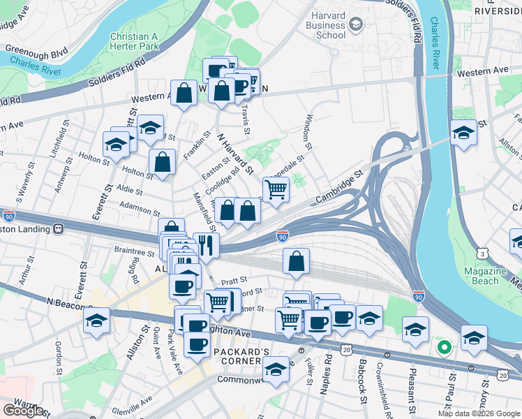 map of restaurants, bars, coffee shops, grocery stores, and more near 76 Empire Street in Boston