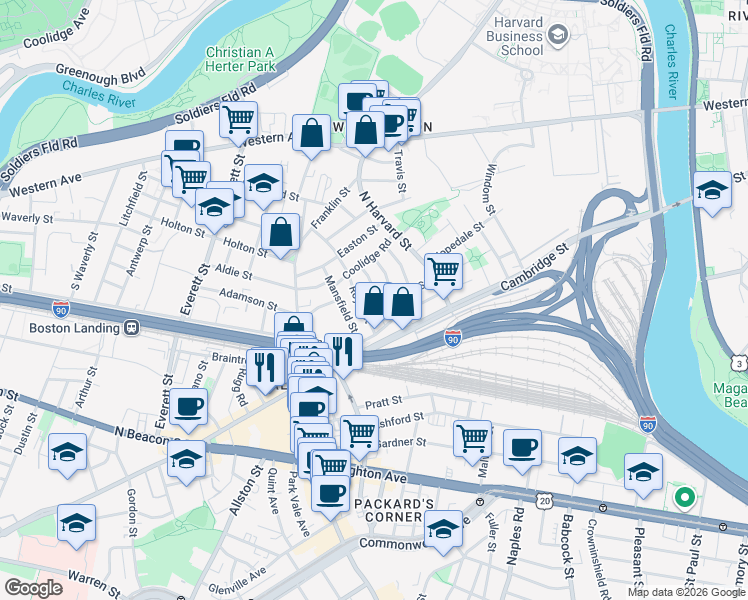 map of restaurants, bars, coffee shops, grocery stores, and more near 10 Holman Street in Boston