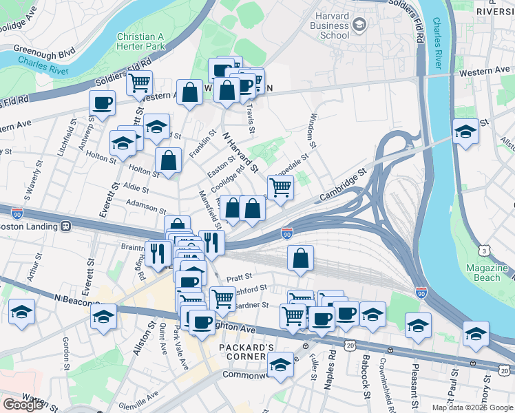 map of restaurants, bars, coffee shops, grocery stores, and more near in Boston