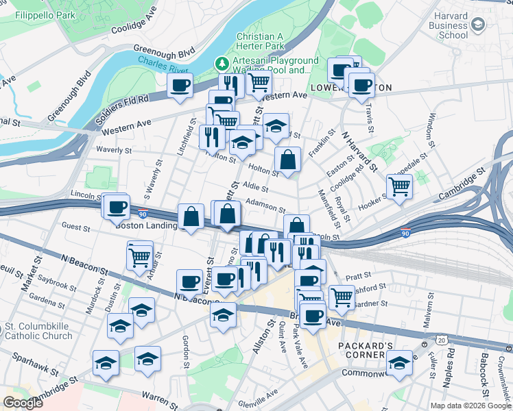 map of restaurants, bars, coffee shops, grocery stores, and more near 16 Adamson Street in Boston