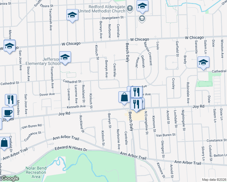 map of restaurants, bars, coffee shops, grocery stores, and more near 25949 Dover in Redford Charter Township
