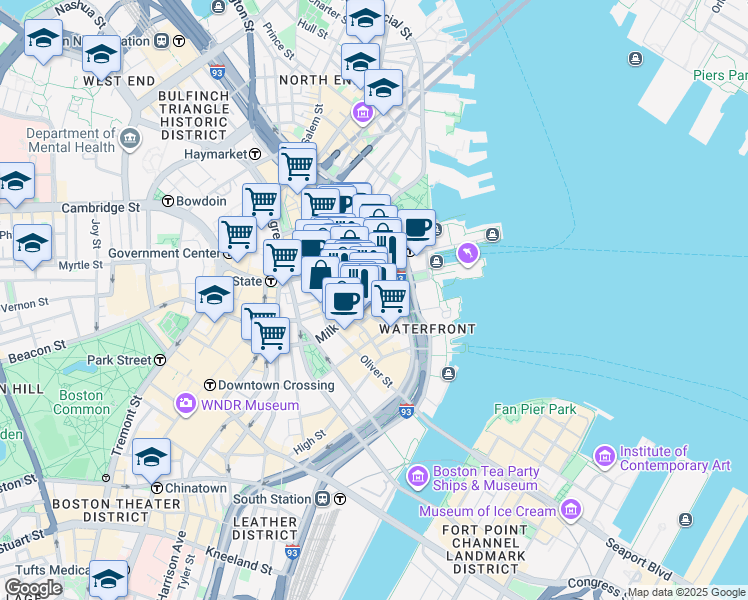 map of restaurants, bars, coffee shops, grocery stores, and more near 40 Broad Street in Boston