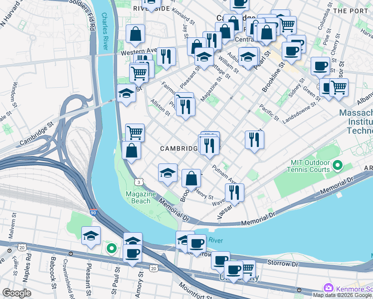 map of restaurants, bars, coffee shops, grocery stores, and more near 1 Newton Street in Cambridge