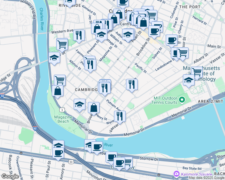 map of restaurants, bars, coffee shops, grocery stores, and more near 129 Allston Street in Cambridge