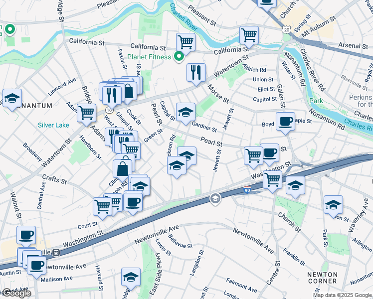 map of restaurants, bars, coffee shops, grocery stores, and more near 106 Waban Street in Newton