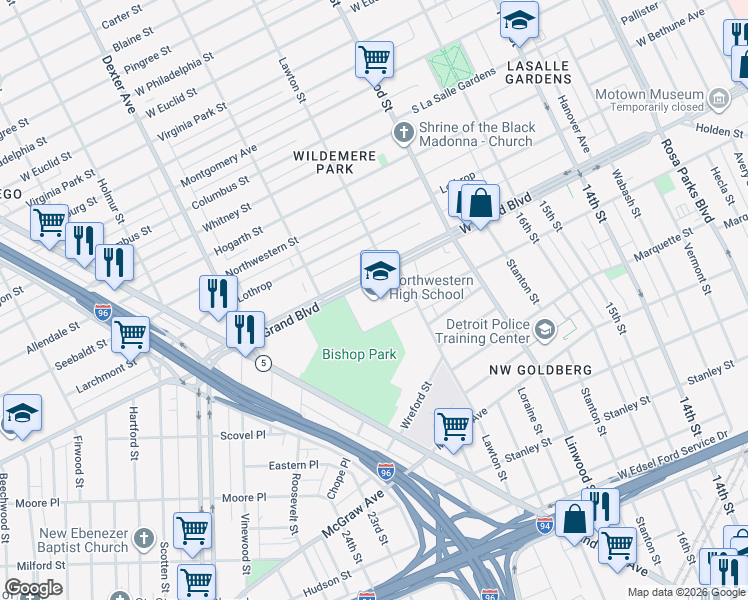 map of restaurants, bars, coffee shops, grocery stores, and more near 2200 West Grand Boulevard in Detroit